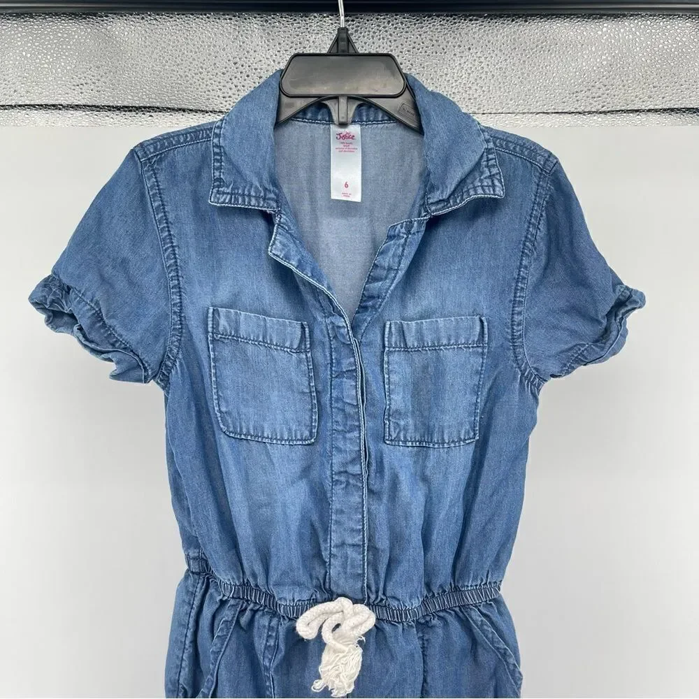 Justice Girl’s Blue Chambray Lyocell Short Sleeve One Piece Romper Size 6